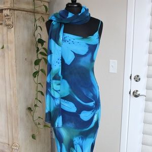 Sexy Slinky Floral Blue Dress with Scarf
